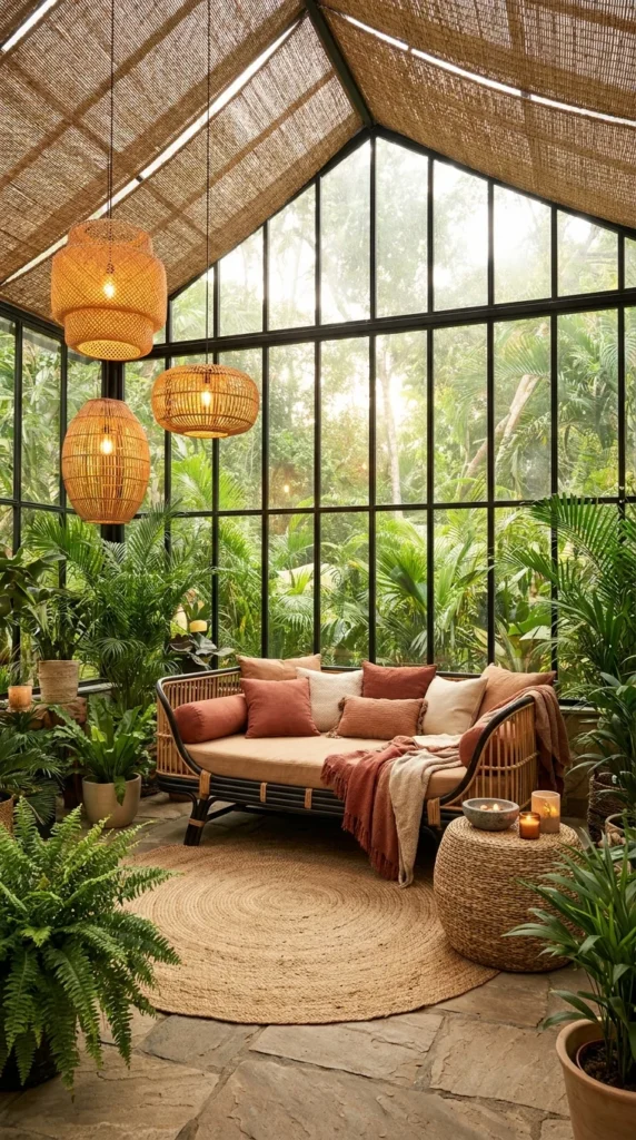 Glass conservatory with rattan daybed surrounded by dense tropical garden greenery