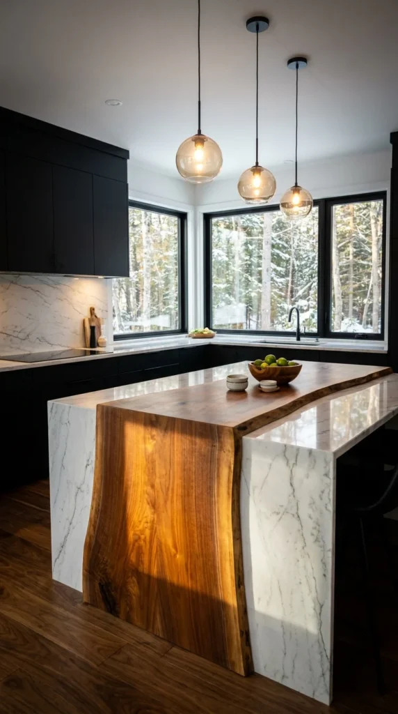  Kitchen island with live-edge walnut wood inset into a white marble waterfall countertop