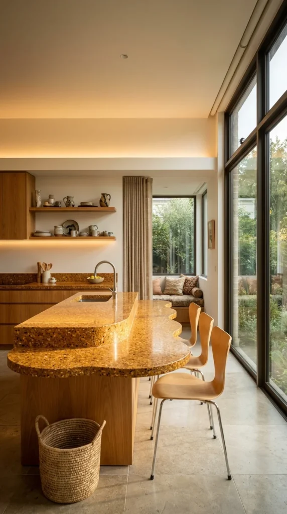  Curved amber terrazzo kitchen island countertop beside oak cabinetry and glass doors 