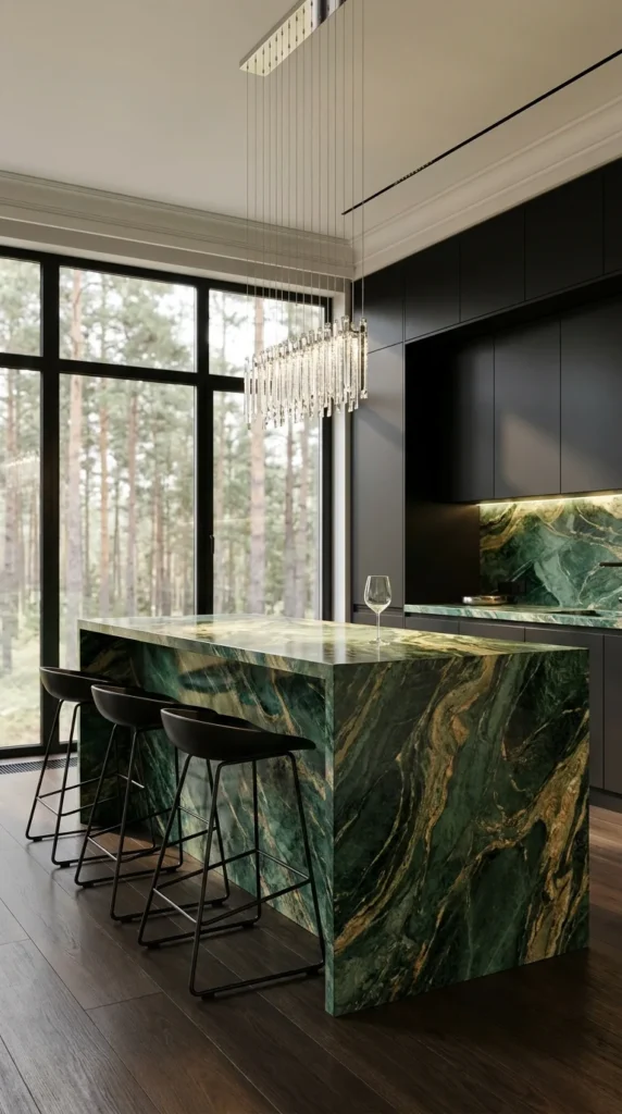 Green marble waterfall kitchen island with matte black cabinetry and crystal chandelier