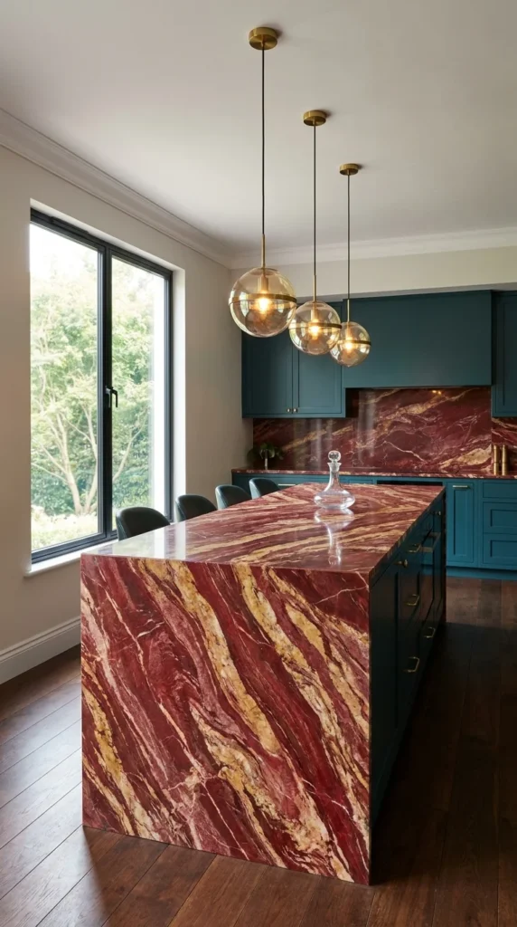 Red veined marble island matching a full-height backsplash in a teal kitchen with brass fixtures