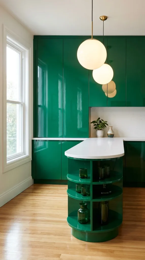  White quartz countertop on a curved island against glossy emerald green cabinetry 