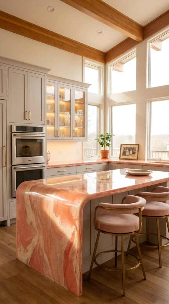  Pink onyx waterfall countertop curving into a kitchen island with brass hardware