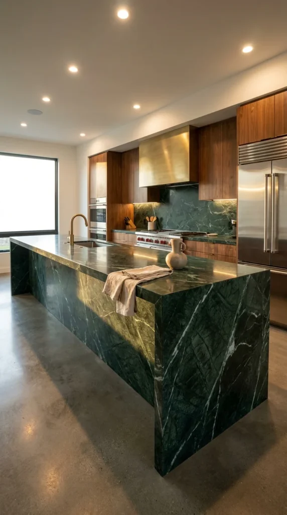 Dark green soapstone countertop and backsplash beside walnut cabinets and a brass range hood