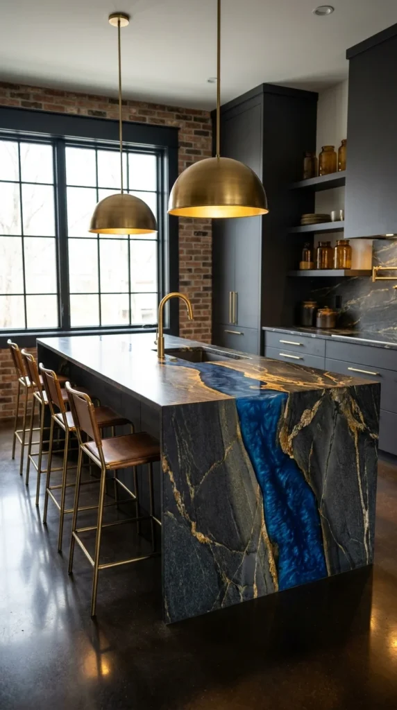 Black stone waterfall island with blue and gold veining under brass dome pendant lights