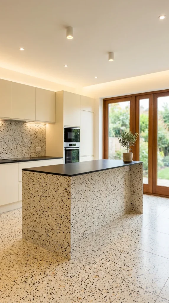 Terrazzo kitchen island countertop matching the terrazzo floor with a black edge cap 