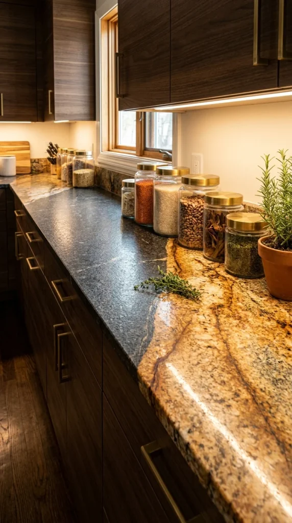  Kitchen counter where gold-flecked granite meets a honed black stone section 