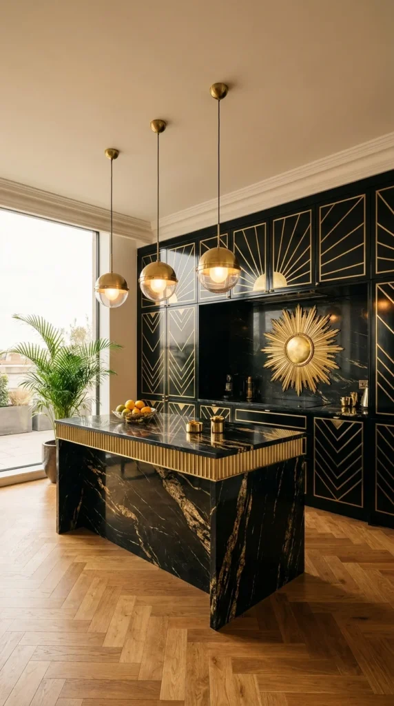  Black lacquer Art Deco kitchen with gold chevron cabinetry and sunburst medallion