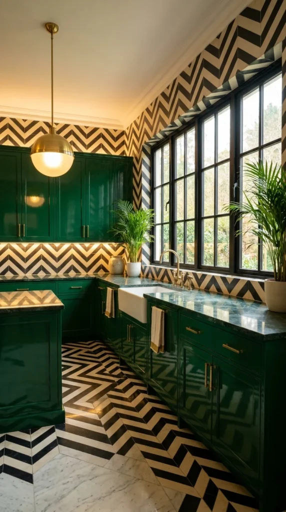  Emerald green Art Deco kitchen with black and cream chevron tile on walls and floor