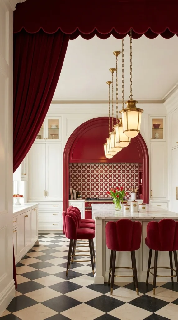  Art Deco kitchen with burgundy velvet ceiling canopy and arched patterned tile niche 