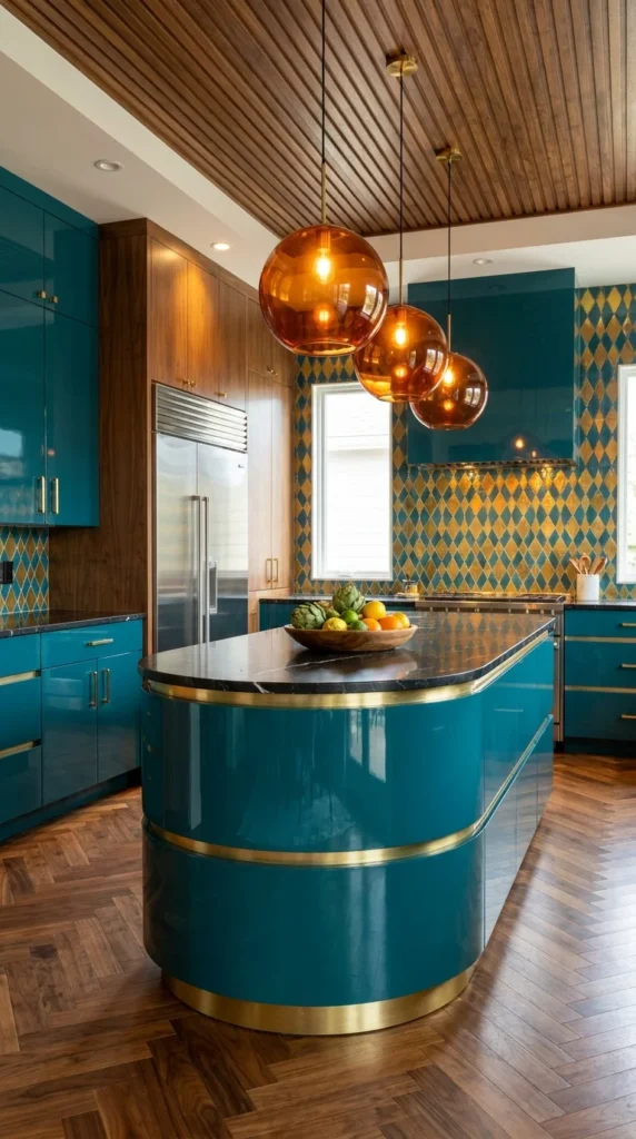  Teal Art Deco kitchen island with curved silhouette and brass banding