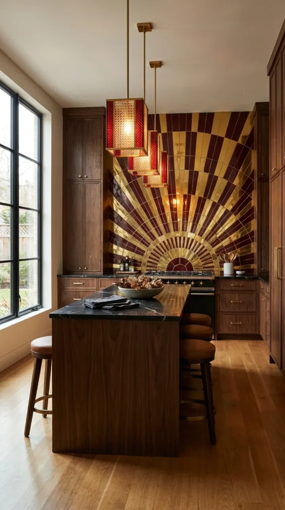 Art Deco kitchen with gold and burgundy sunburst tile mural behind the range 