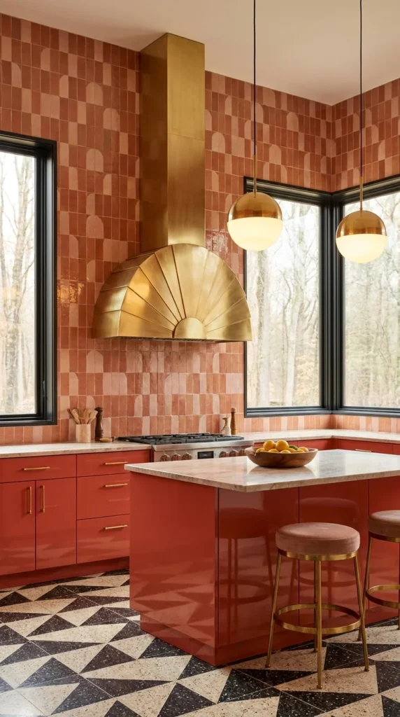  Terracotta Art Deco kitchen with sculptural fan-shaped brass range hood