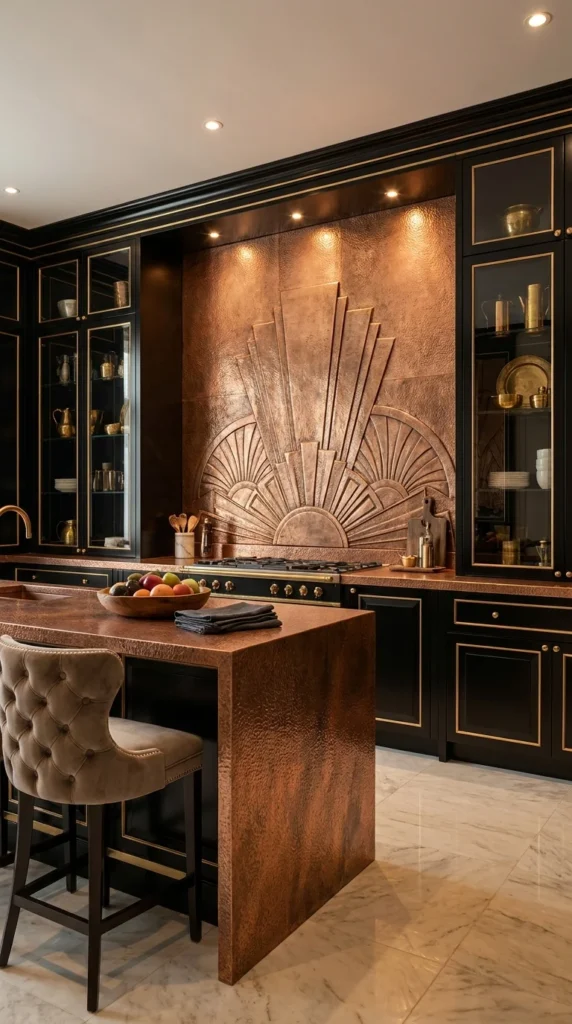  Black Art Deco kitchen with hammered copper relief panel and matching waterfall island
