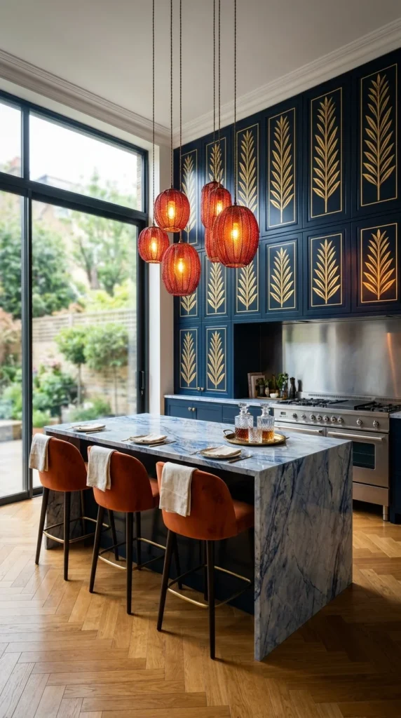 Navy Art Deco kitchen with gold leaf fern motif cabinetry and red glass lantern pendants 