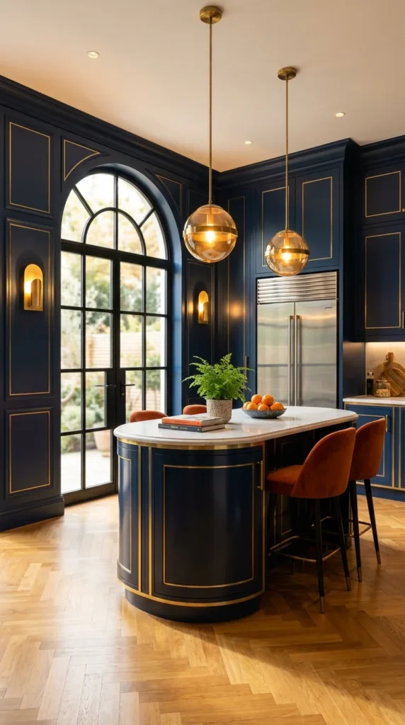 Navy Art Deco kitchen with gold-trimmed boiserie paneling and curved gold-banded island