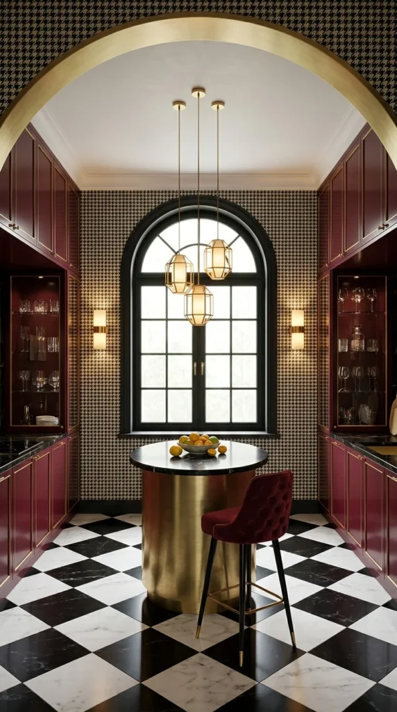  Burgundy Art Deco kitchen with gold barrel-vaulted archway and houndstooth wallpaper 