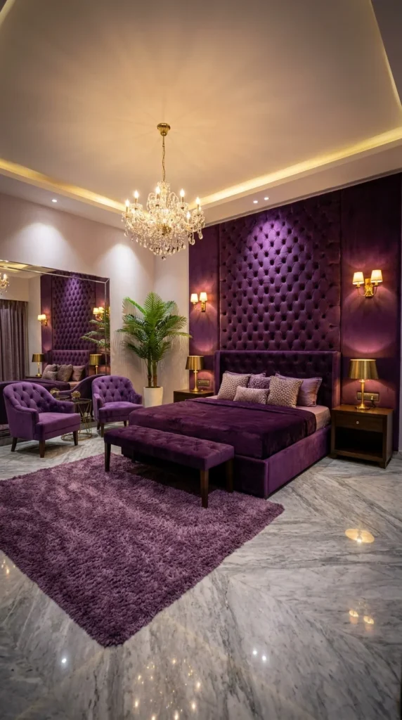  Purple velvet tufted bedroom wall with crystal chandelier and marble flooring 