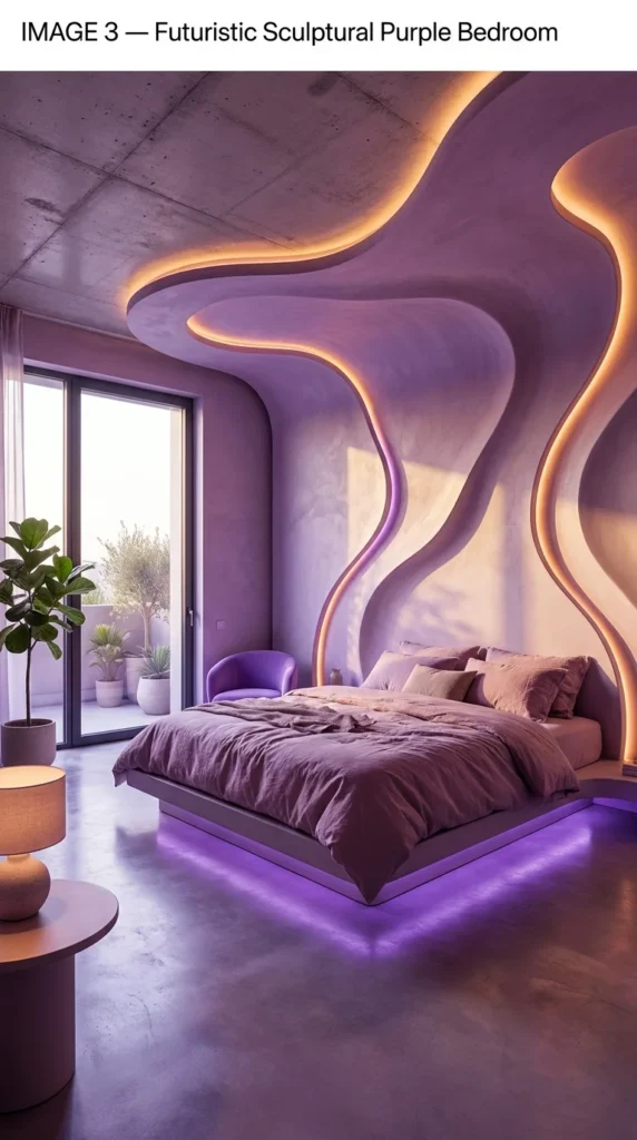  Futuristic bedroom with sculptural curved purple plaster wall and embedded LED lighting 