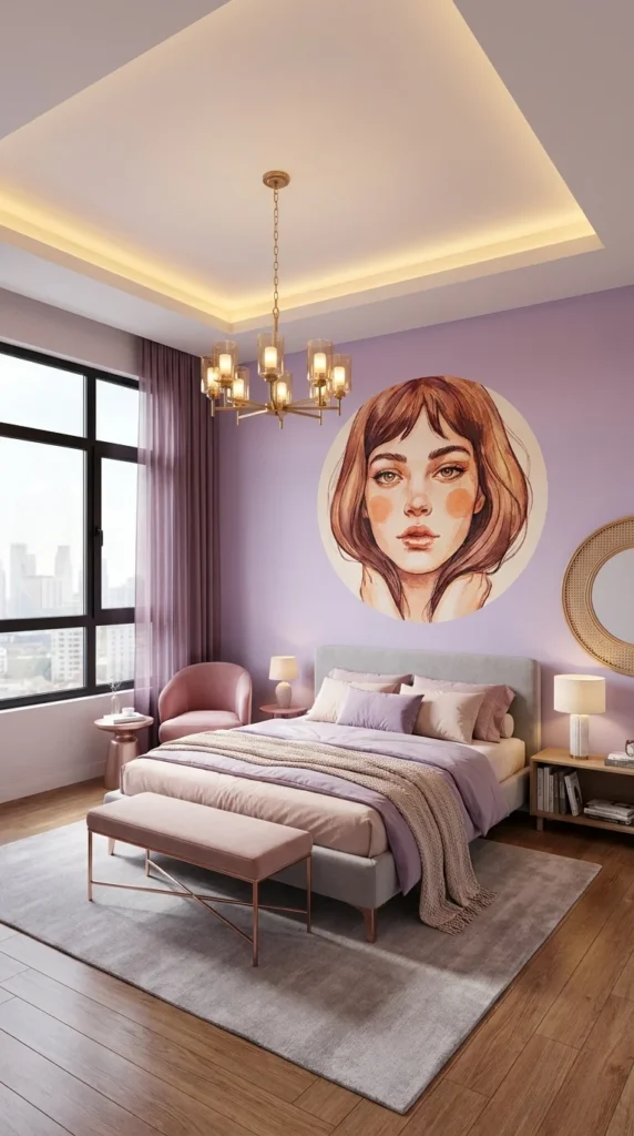  Lavender bedroom with large circular illustrated portrait mural above the bed