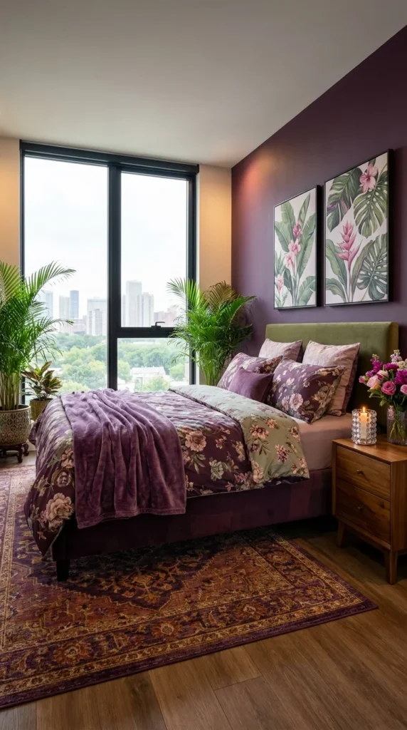  Deep plum bedroom with green velvet headboard and tropical botanical wall art
