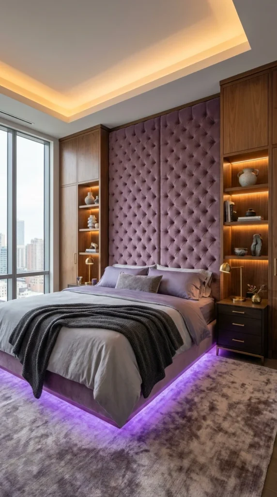  Mauve purple bedroom with built-in wood shelving and integrated under-shelf lighting