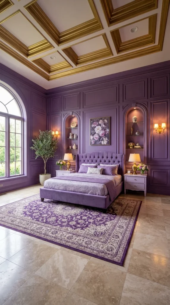  Soft lilac bedroom with 3D paper flower wall art cluster above the headboard