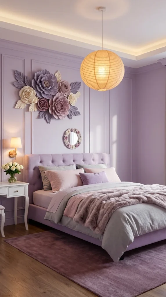  Minimalist bedroom with sculptural glossy purple bed frame and city skyline view