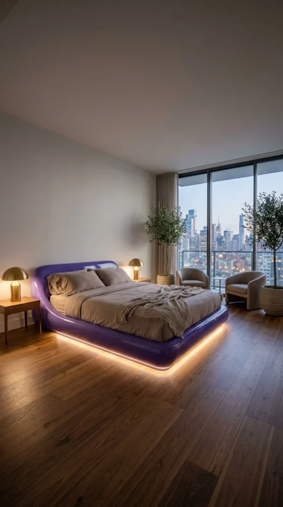  Lavender bedroom with hand-painted cherry blossom branch mural above white headboard