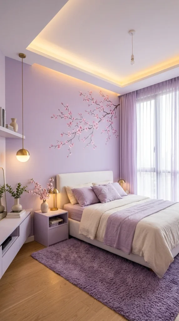  Lavender bedroom with hand-painted cherry blossom branch mural above white headboard