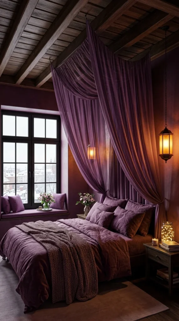  Rustic bedroom with plum velvet canopy drapery over wood beam ceiling and hanging lanterns 