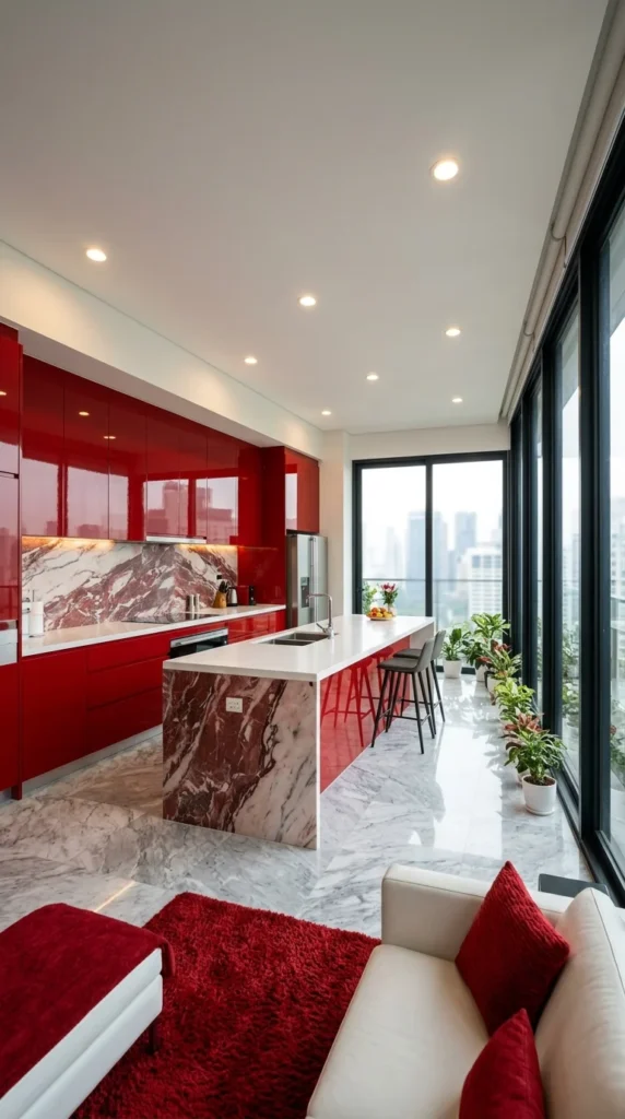  Open-plan red kitchen with marble island flowing into a red-accented living room