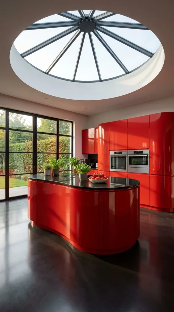  Red kitchen with curved sculptural island beneath a round architectural skylight 