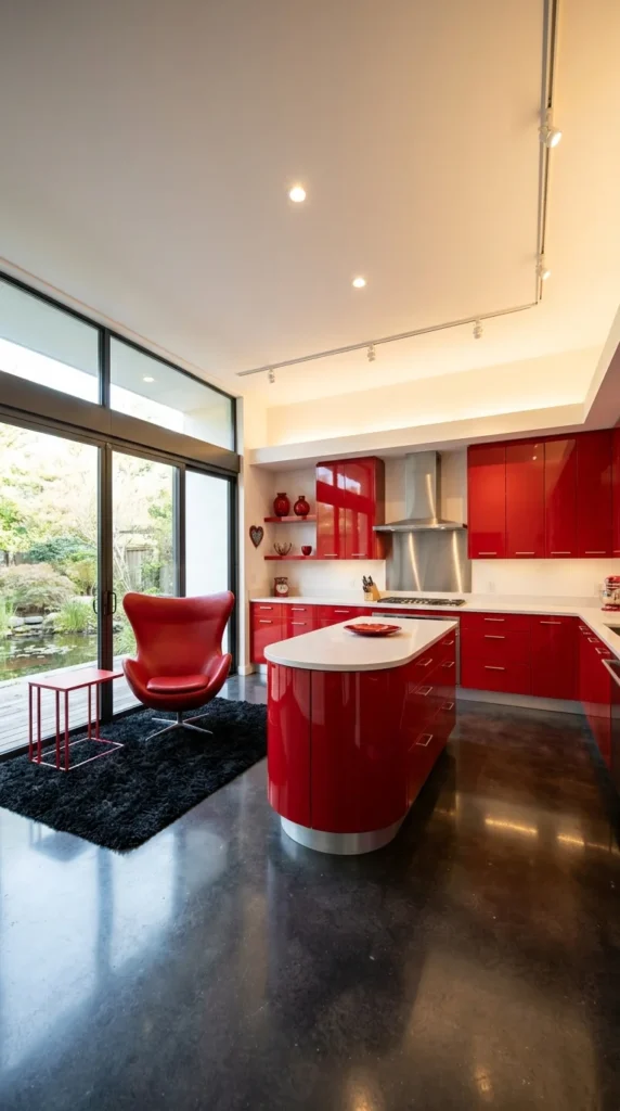  Red kitchen with red egg chair lounge corner overlooking an indoor koi pond view