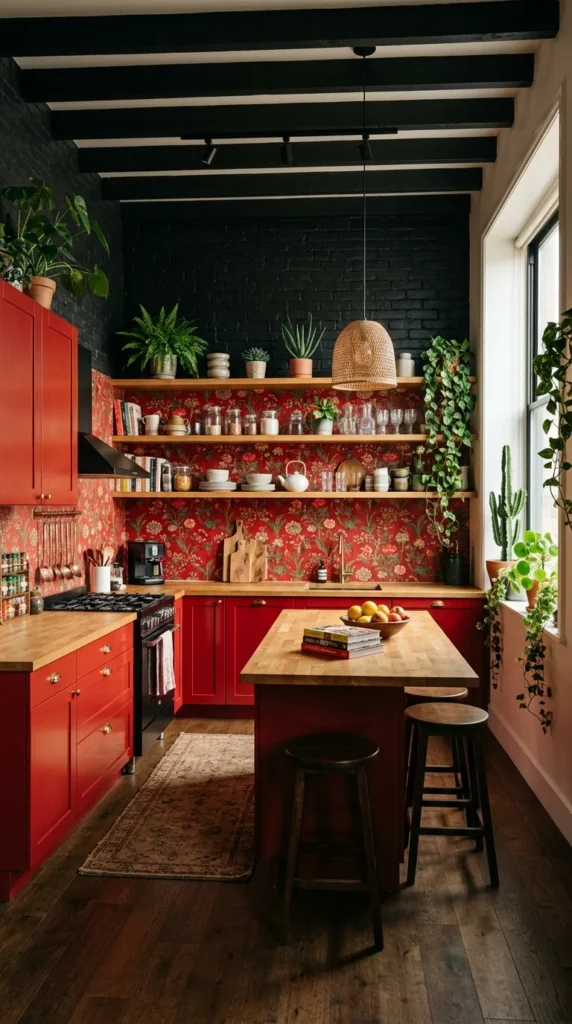 Red kitchen with floral wallpaper backsplash, black ceiling beams, and abundant houseplants