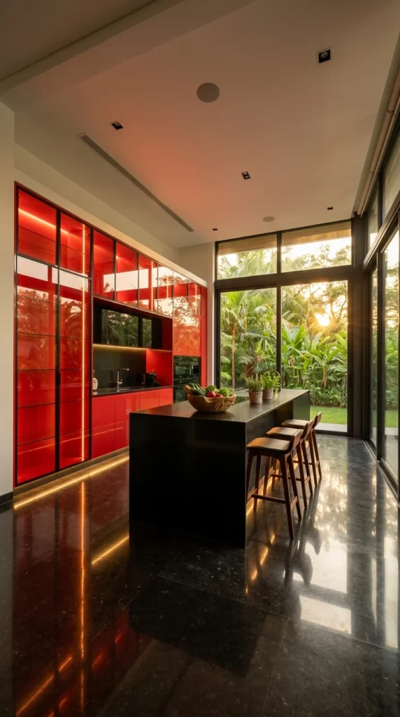  Red kitchen with backlit glass cabinetry glowing against dark polished stone flooring