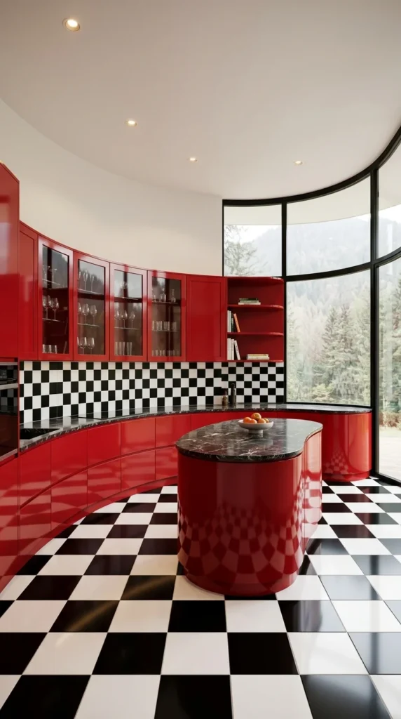  Curved red kitchen with black and white checkerboard tile walls and floor