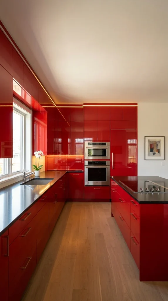 Minimalist red kitchen with glossy cabinetry and warm LED strip lighting detail 