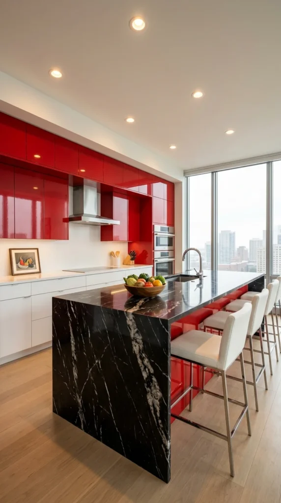  Two-tone red and white kitchen with black marble waterfall island and city view 