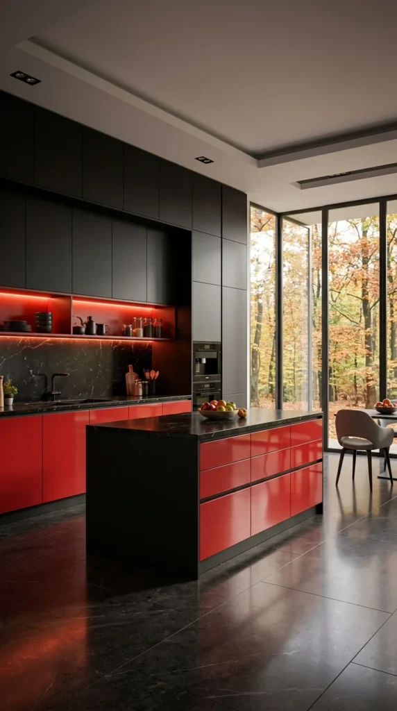  Black and red kitchen with LED shelf lighting and floor-to-ceiling autumn forest view