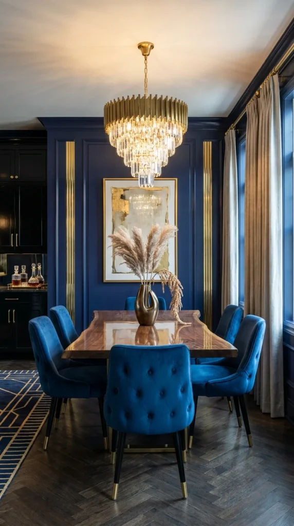 Teal dining room with blush pink channel-tufted chairs and glass bubble pendant lights