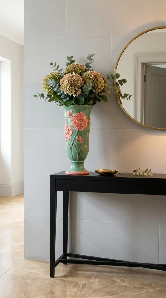 Green ceramic vase with painted pink florals on a black console table