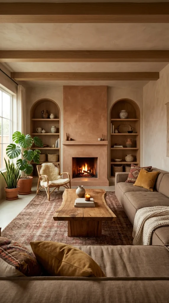 Adobe corner fireplace with tall chimney beside a rust and mustard arched rug