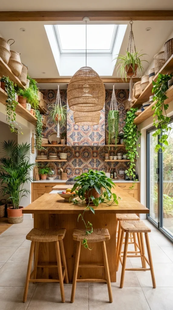 A plant-filled kitchen with a skylight, hanging macrame planters, and a patterned tile accent wall