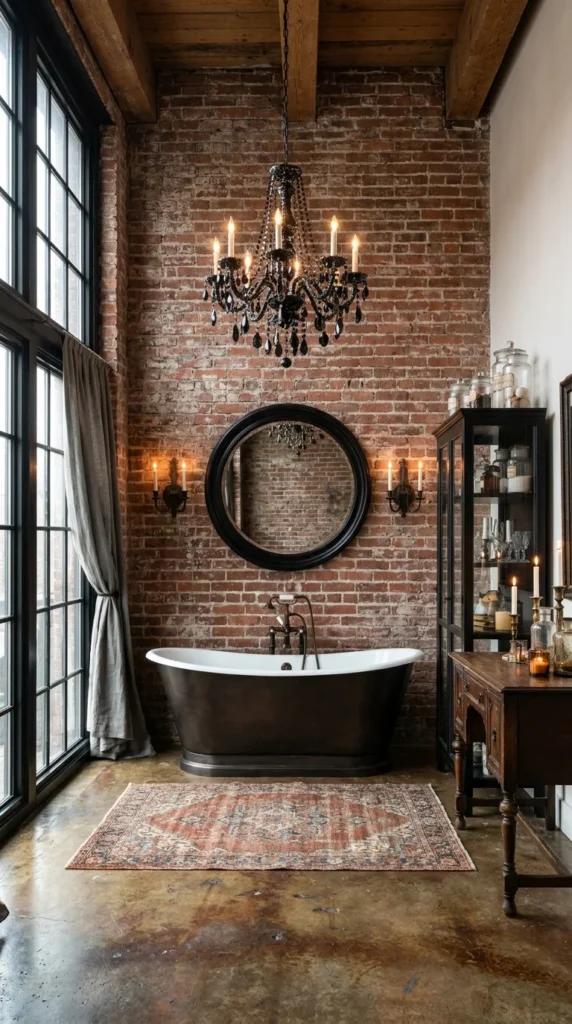 Industrial loft bathroom with exposed brick wall and bronze soaking tub