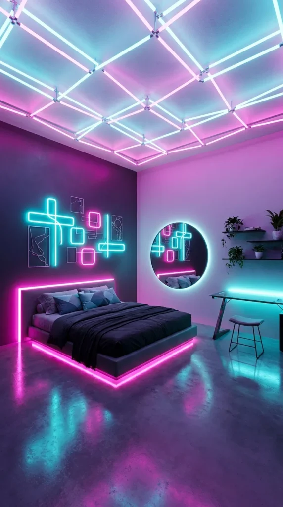Neon pink and cyan LED grid ceiling above a glowing bed frame