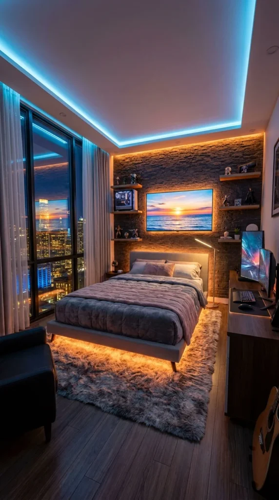 Bedroom with floor-to-ceiling city skyline window and dual monitors