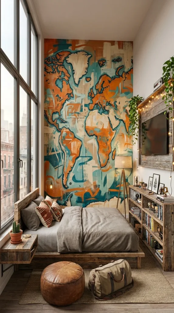Bedroom with oversized world map mural behind a low platform bed