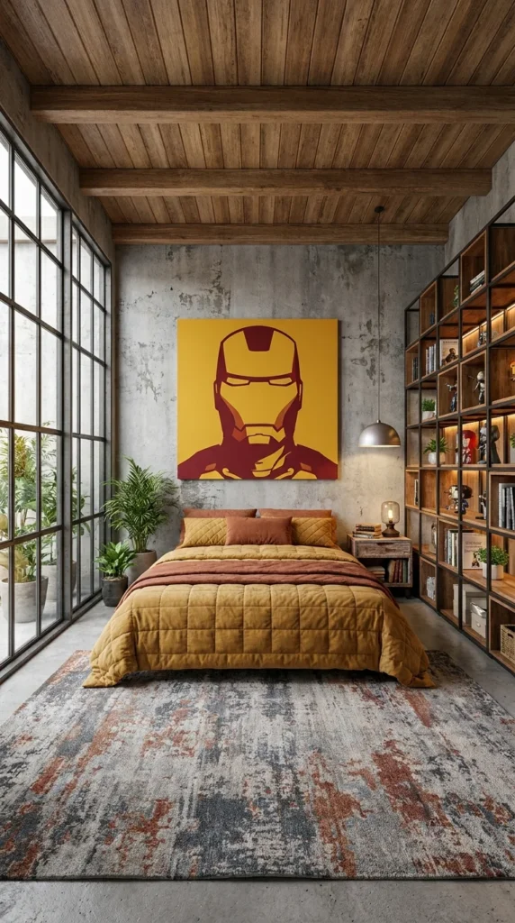 Bedroom with oversized pop-art print against raw concrete wall