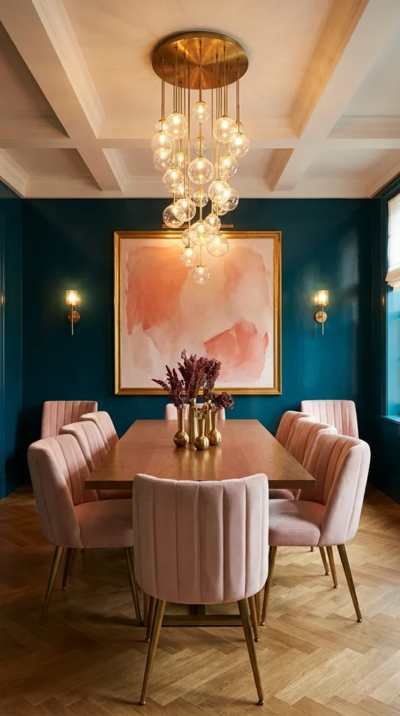 Teal dining room with blush pink channel-tufted chairs and glass bubble pendant lights
